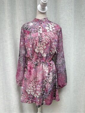 1970 Fortrel pink purple floral long sleeve mini dress